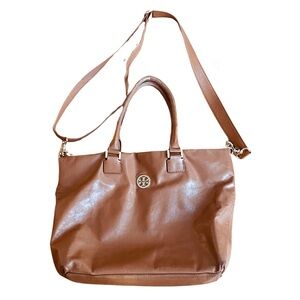 Tory Burch Dena Leather Tote Textured Leather Shoulder Bag Large Camel Brown GUC
